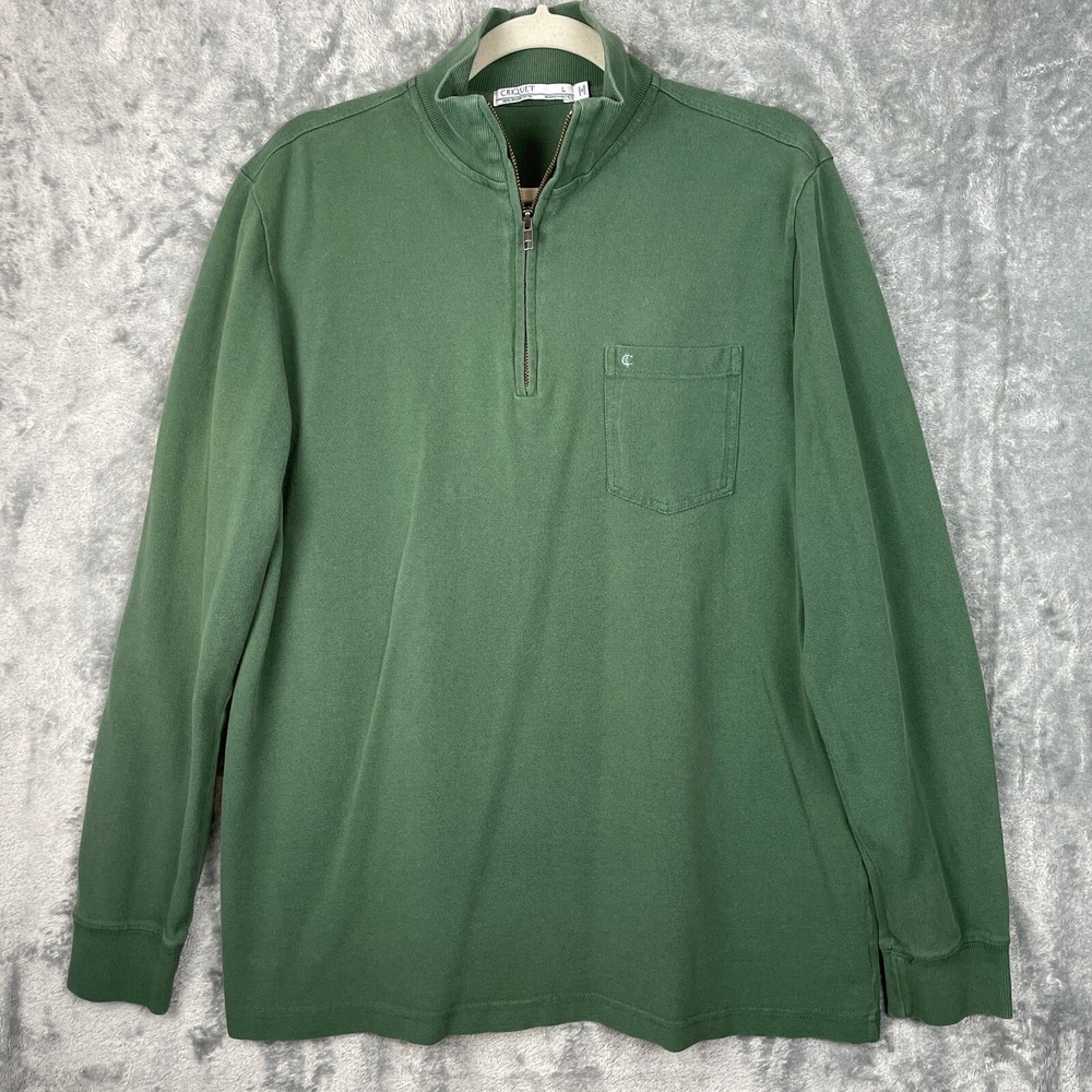 Criquet Sweater Mens L Large Green Pullover Quarter Zip Organic Cotton Logo